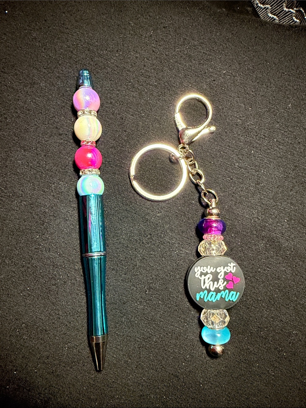 Teal Beaded Pen & Beaded Keychain Set — Pink, Purple, Teal